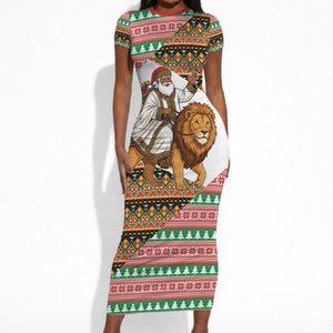 Ethiopia Christmas Santa Lion Short Sleeve Bodycon Dress Habesha Kemis Woven Border