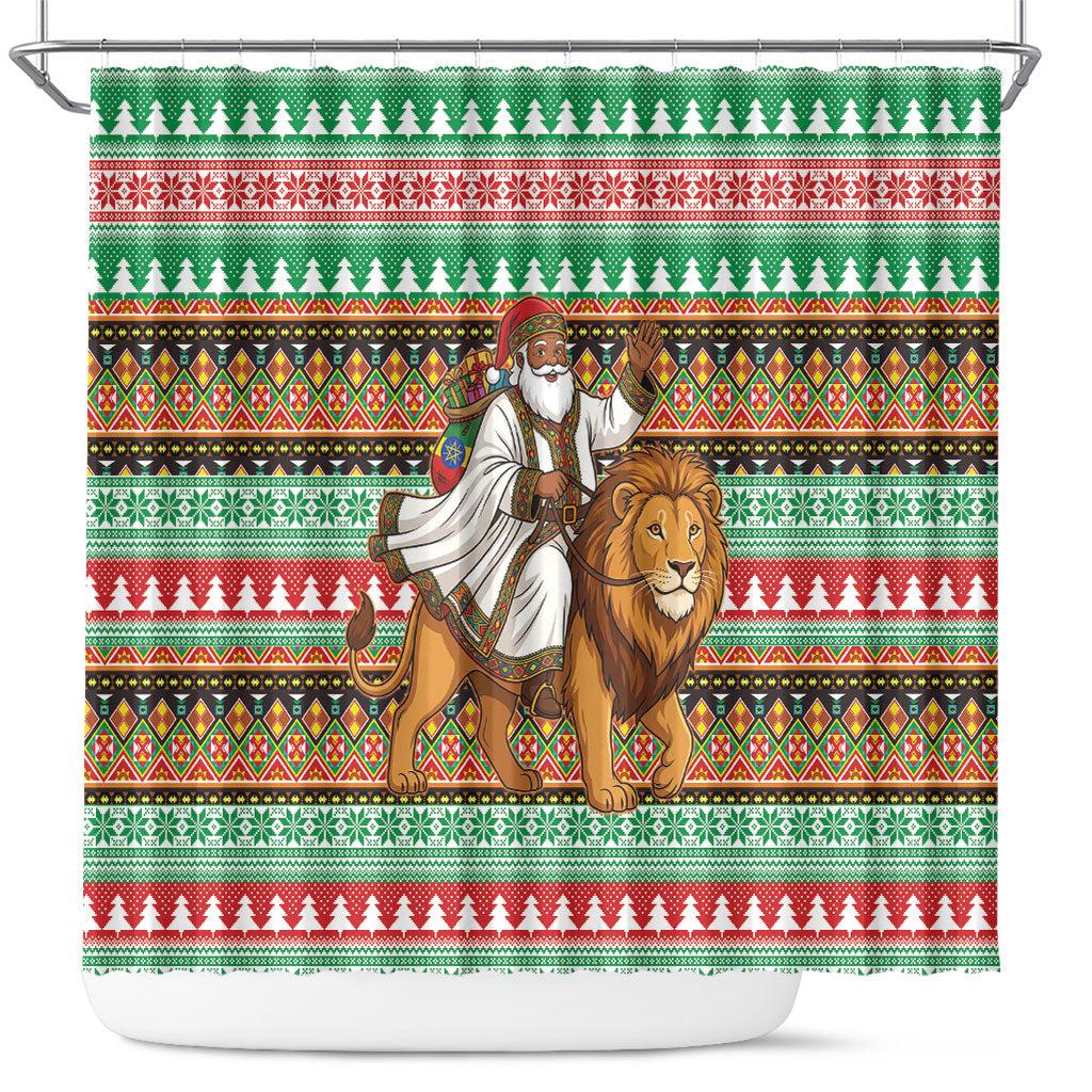 Ethiopia Christmas Santa Lion Shower Curtain Habesha Kemis Woven Border