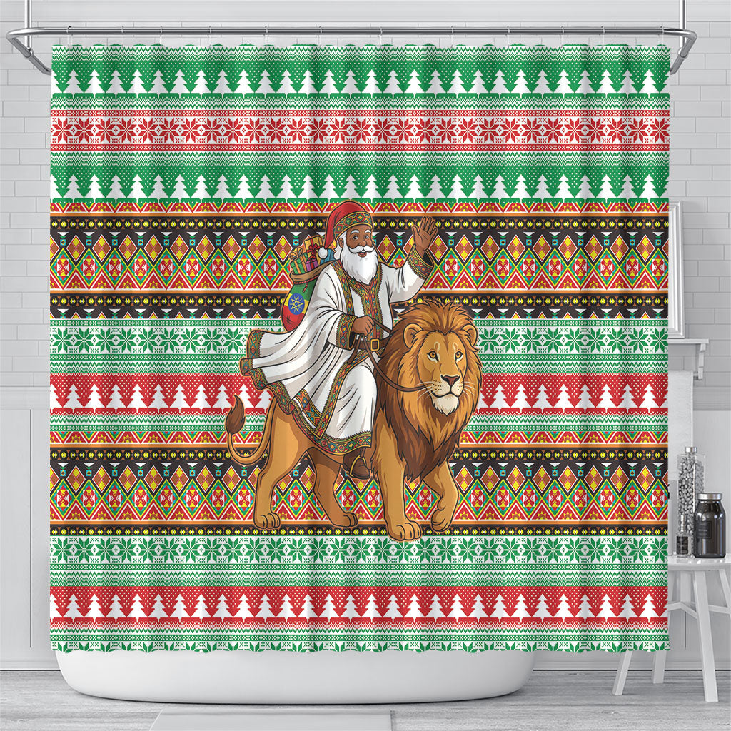 Ethiopia Christmas Santa Lion Shower Curtain Habesha Kemis Woven Border