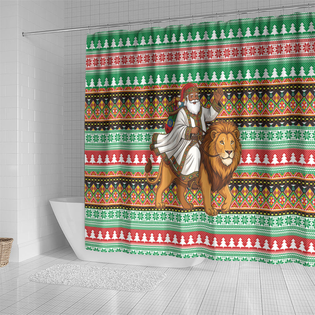 Ethiopia Christmas Santa Lion Shower Curtain Habesha Kemis Woven Border