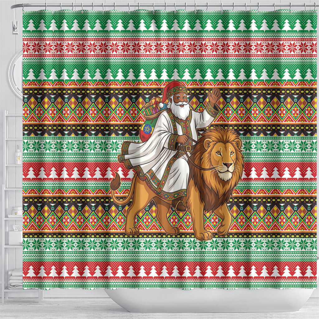 Ethiopia Christmas Santa Lion Shower Curtain Habesha Kemis Woven Border