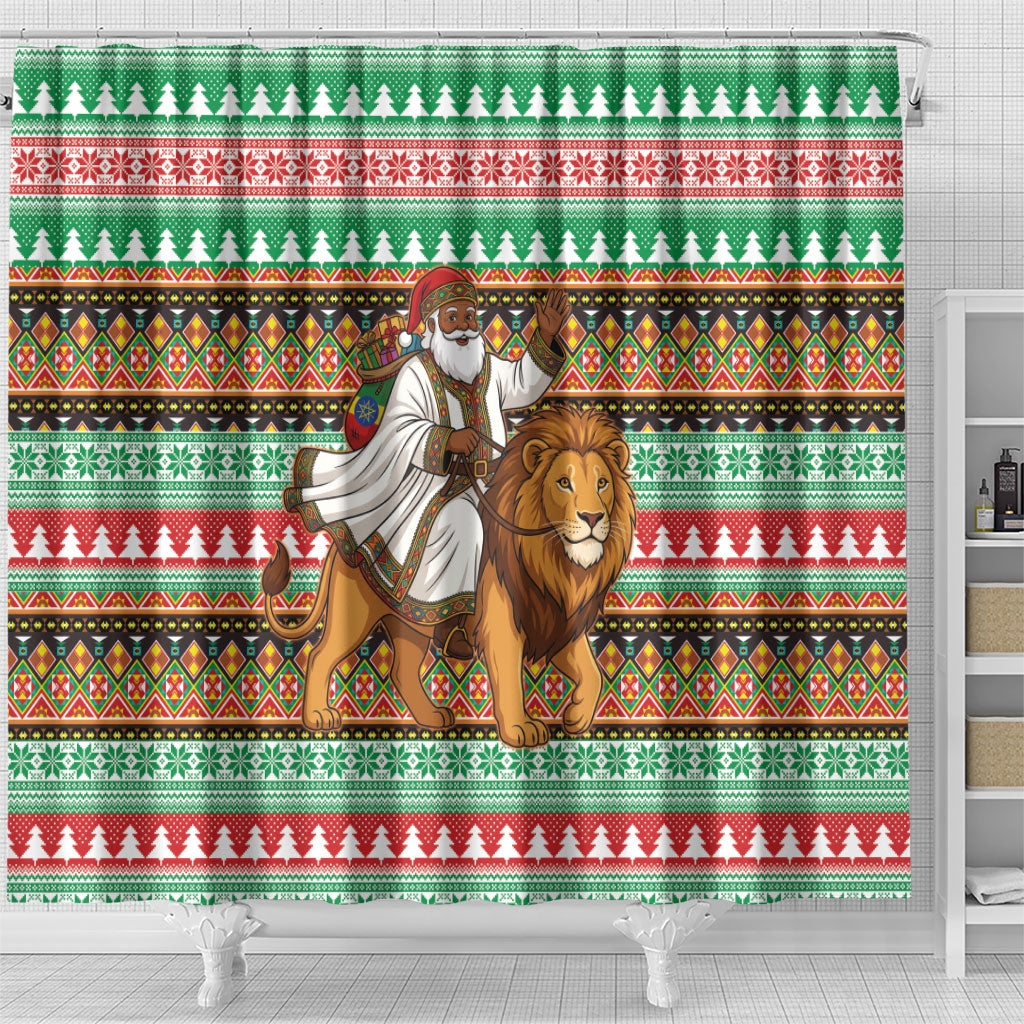 Ethiopia Christmas Santa Lion Shower Curtain Habesha Kemis Woven Border