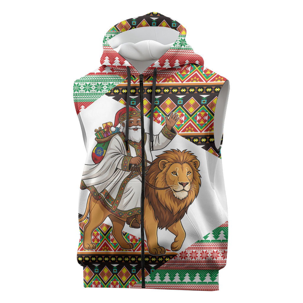 Ethiopia Christmas Santa Lion Sleeveless Zip Hoodie Habesha Kemis Woven Border