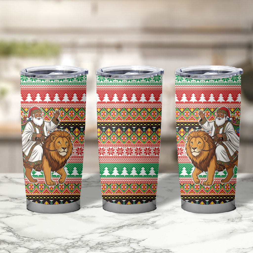 Ethiopia Christmas Santa Lion Tumbler Cup Habesha Kemis Woven Border