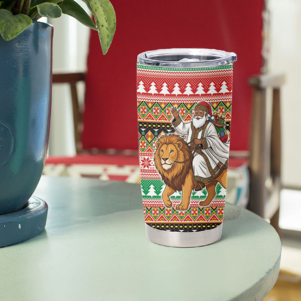 Ethiopia Christmas Santa Lion Tumbler Cup Habesha Kemis Woven Border