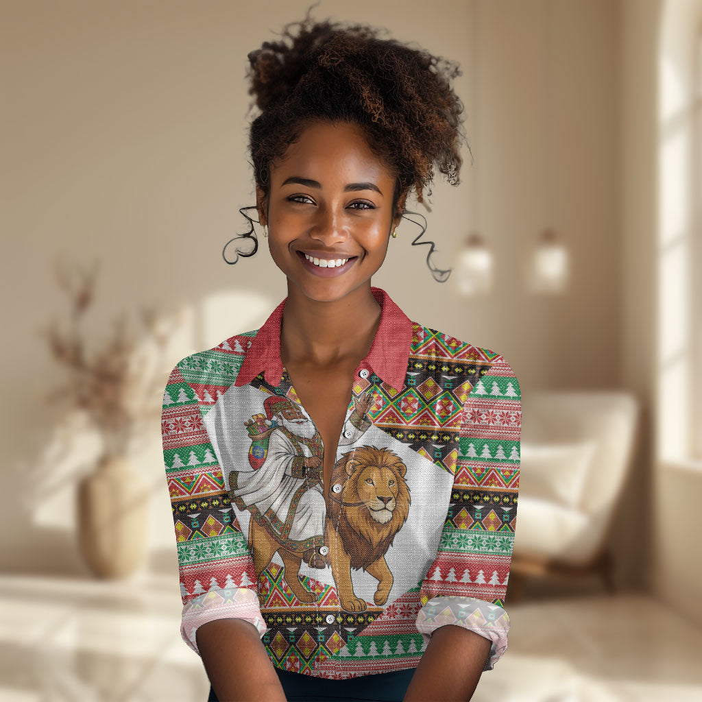 Ethiopia Christmas Santa Lion Women Casual Shirt Habesha Kemis Woven Border