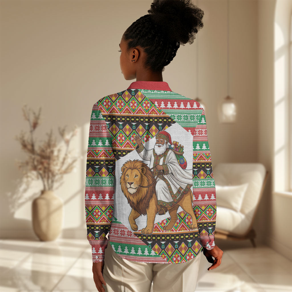 Ethiopia Christmas Santa Lion Women Casual Shirt Habesha Kemis Woven Border