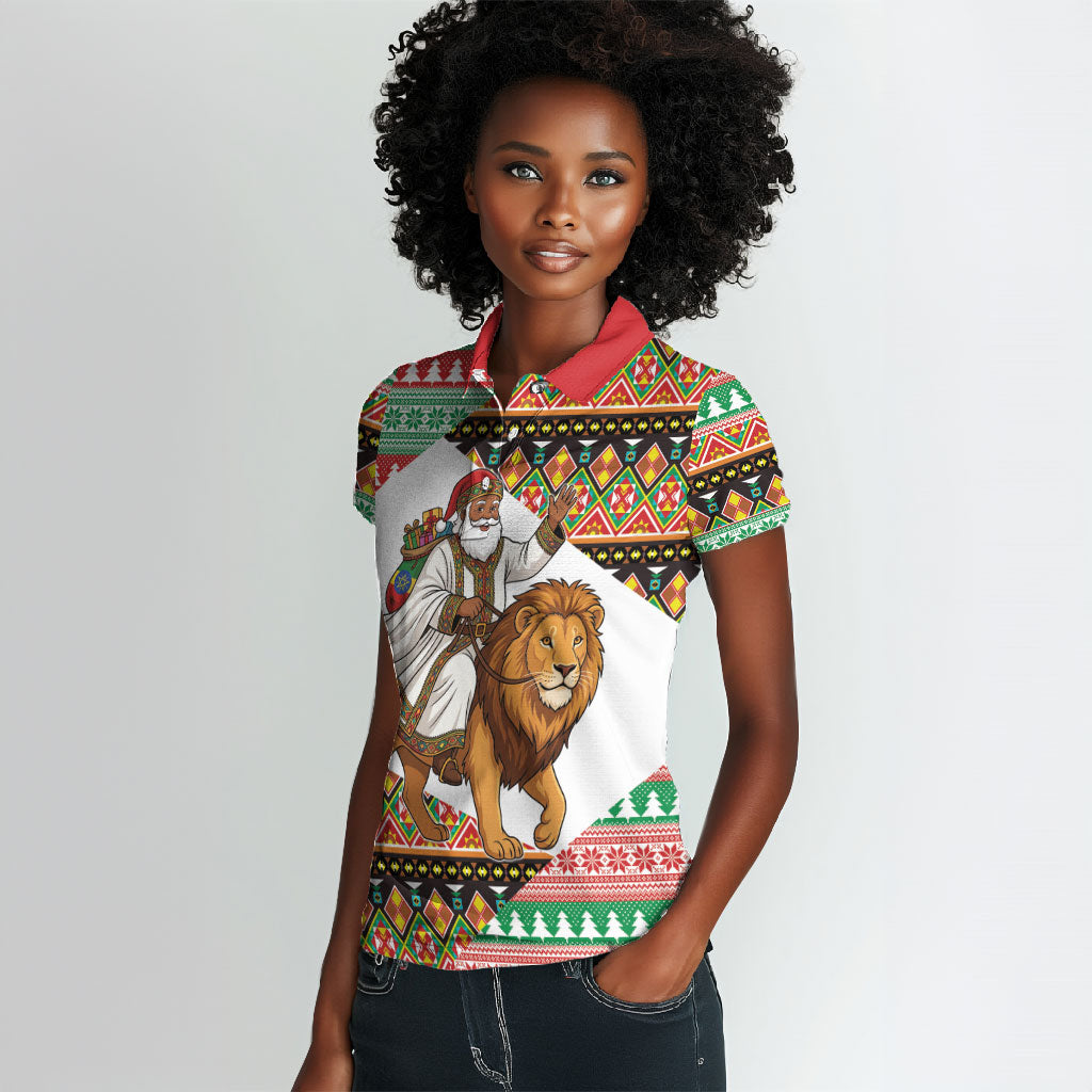 Ethiopia Christmas Santa Lion Women Polo Shirt Habesha Kemis Woven Border