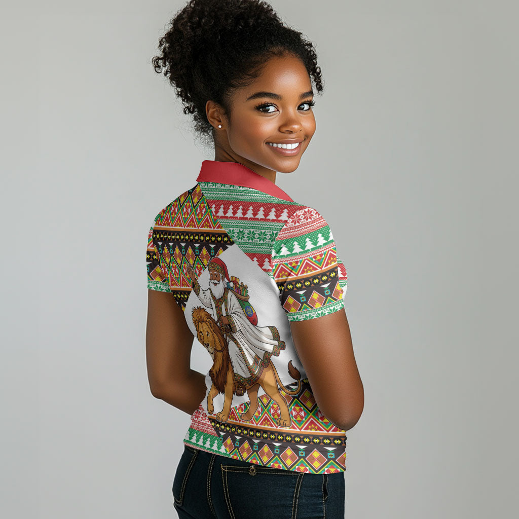 Ethiopia Christmas Santa Lion Women Polo Shirt Habesha Kemis Woven Border