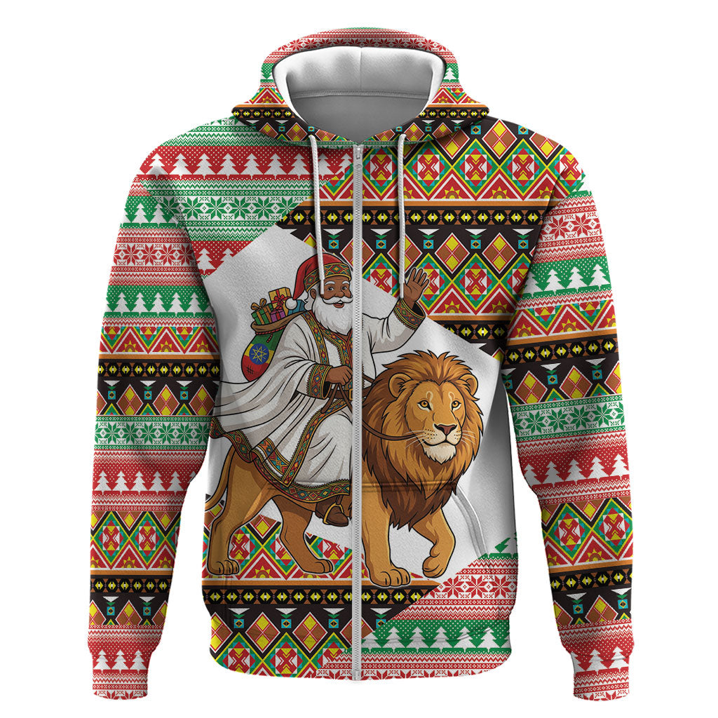 Ethiopia Christmas Santa Lion Zip Hoodie Habesha Kemis Woven Border