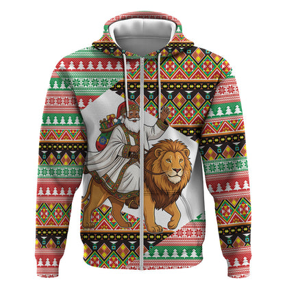 Ethiopia Christmas Santa Lion Zip Hoodie Habesha Kemis Woven Border