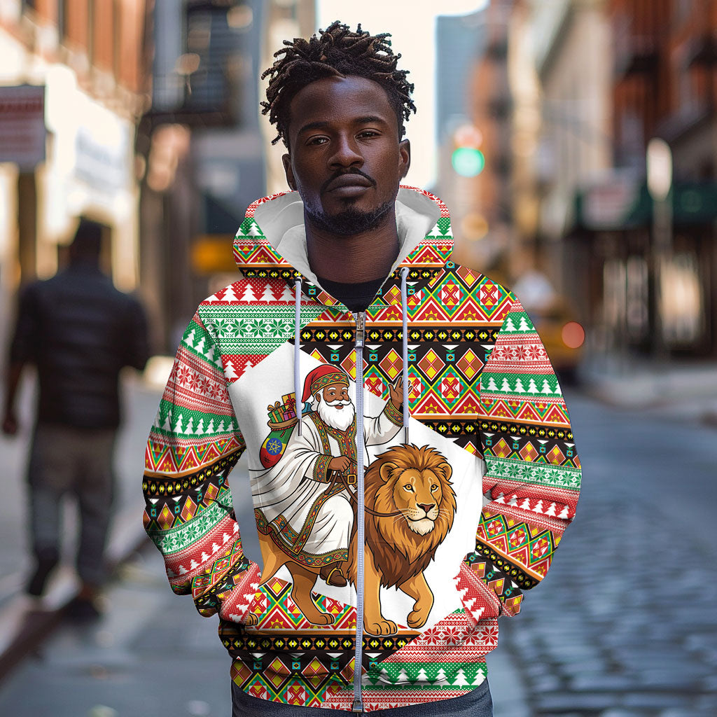 Ethiopia Christmas Santa Lion Zip Hoodie Habesha Kemis Woven Border