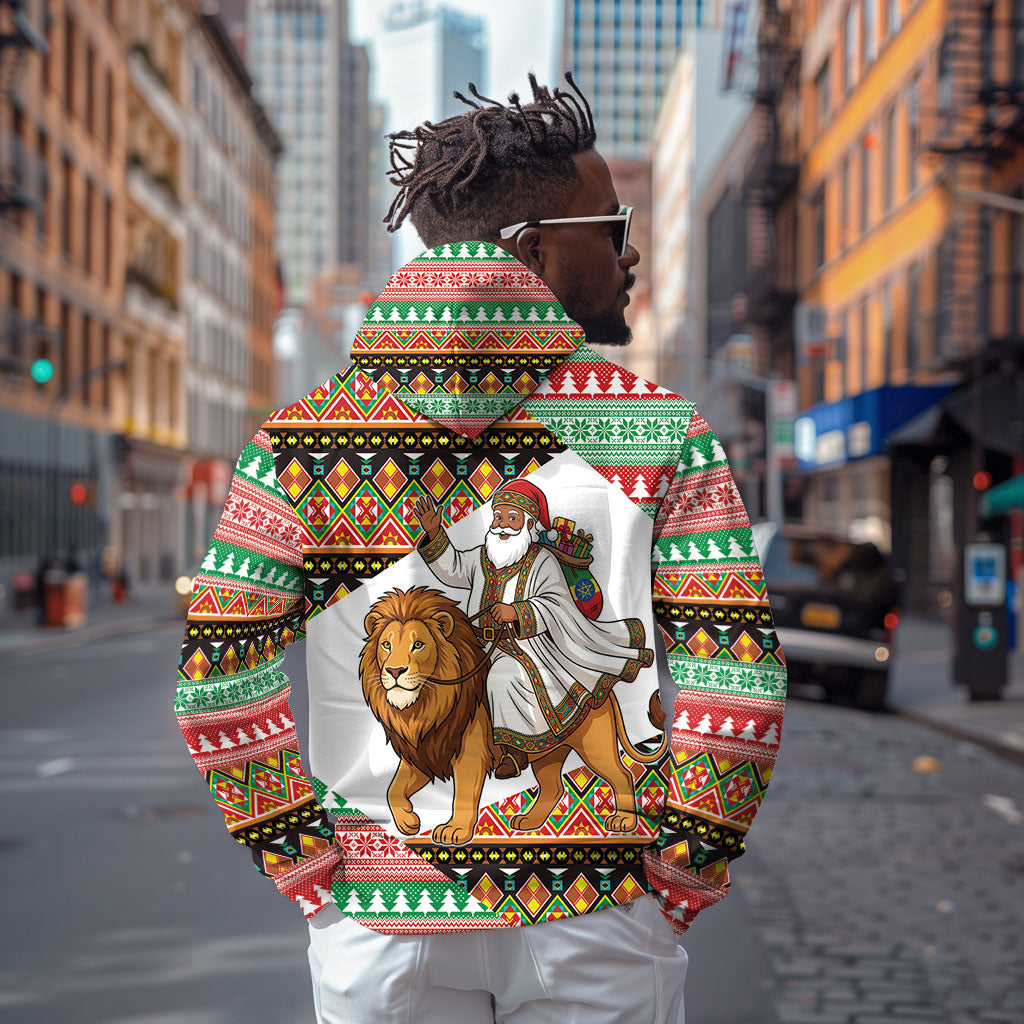 Ethiopia Christmas Santa Lion Zip Hoodie Habesha Kemis Woven Border