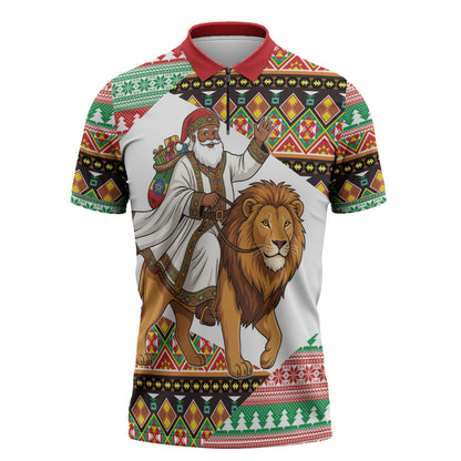 Ethiopia Christmas Santa Lion Zipper Polo Shirt Habesha Kemis Woven Border