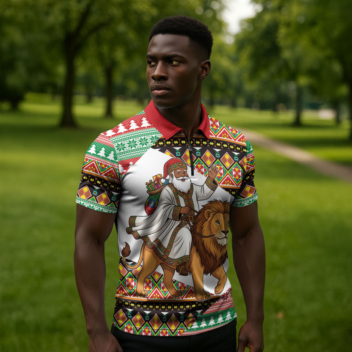 Ethiopia Christmas Santa Lion Zipper Polo Shirt Habesha Kemis Woven Border