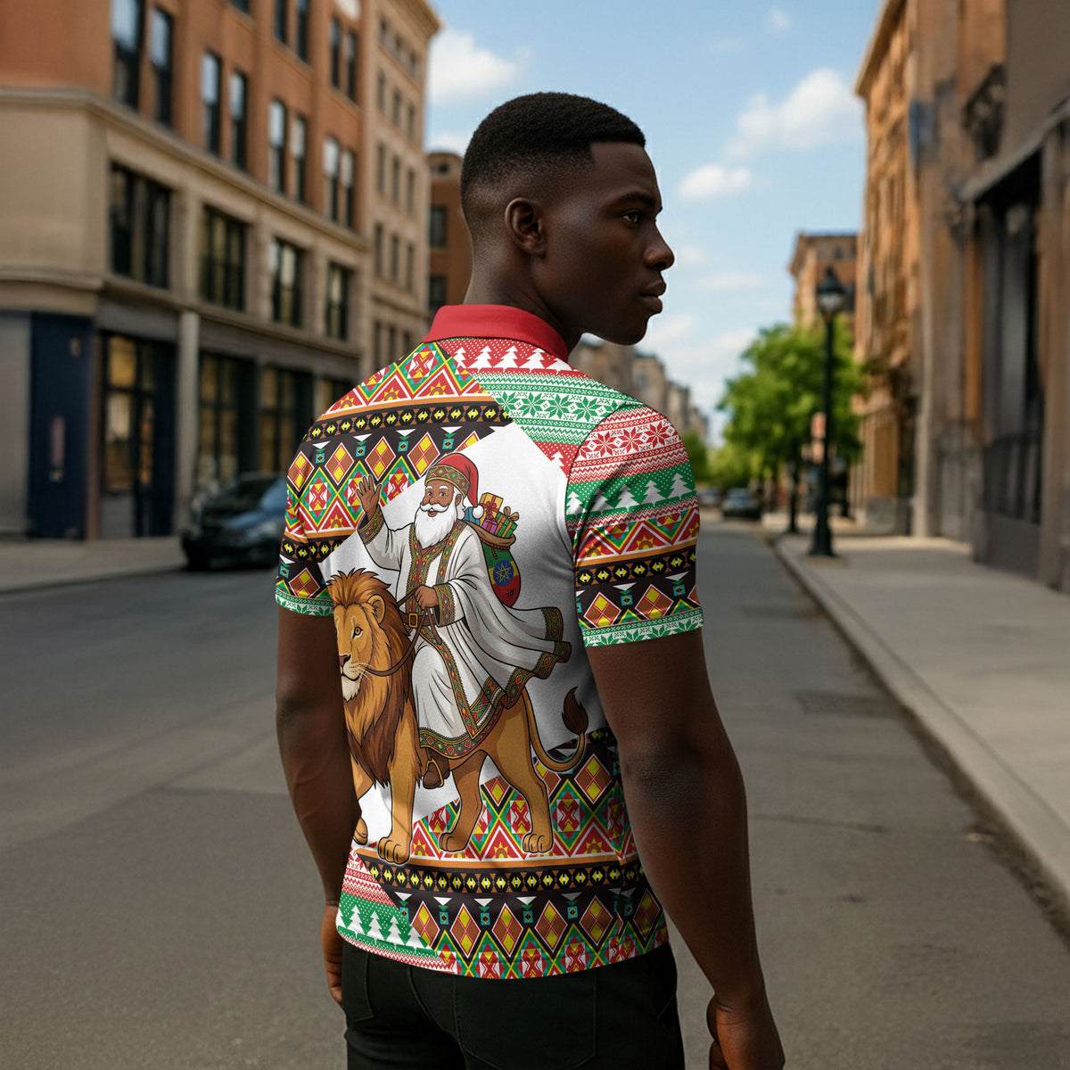Ethiopia Christmas Santa Lion Zipper Polo Shirt Habesha Kemis Woven Border