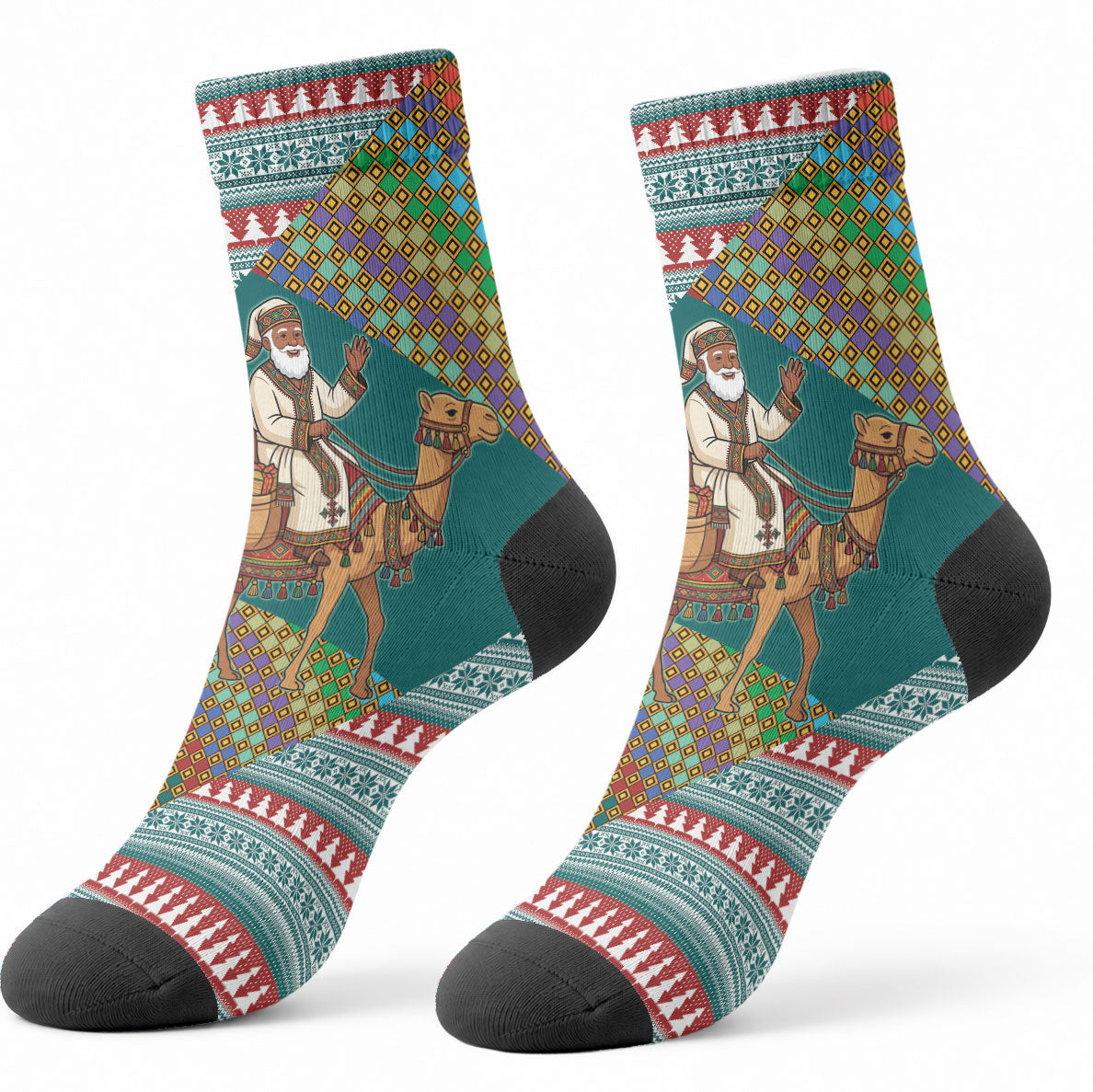Eritrea Christmas Santa Camel Crew Socks Tigrinya Woven Textile