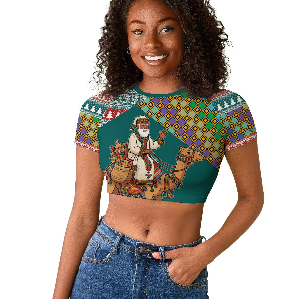 Eritrea Christmas Santa Camel Raglan Cropped T shirt Tigrinya Woven Textile