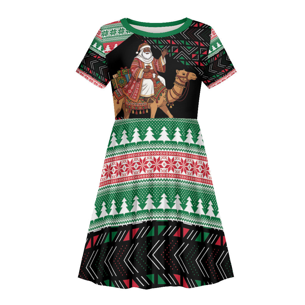 Sudan Christmas Santa Dromedary Camel Kid Short Sleeve Dress Sudanese Tobe Inspired Textile