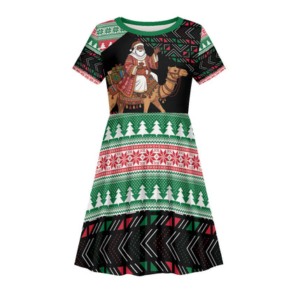 Sudan Christmas Santa Dromedary Camel Kid Short Sleeve Dress Sudanese Tobe Inspired Textile