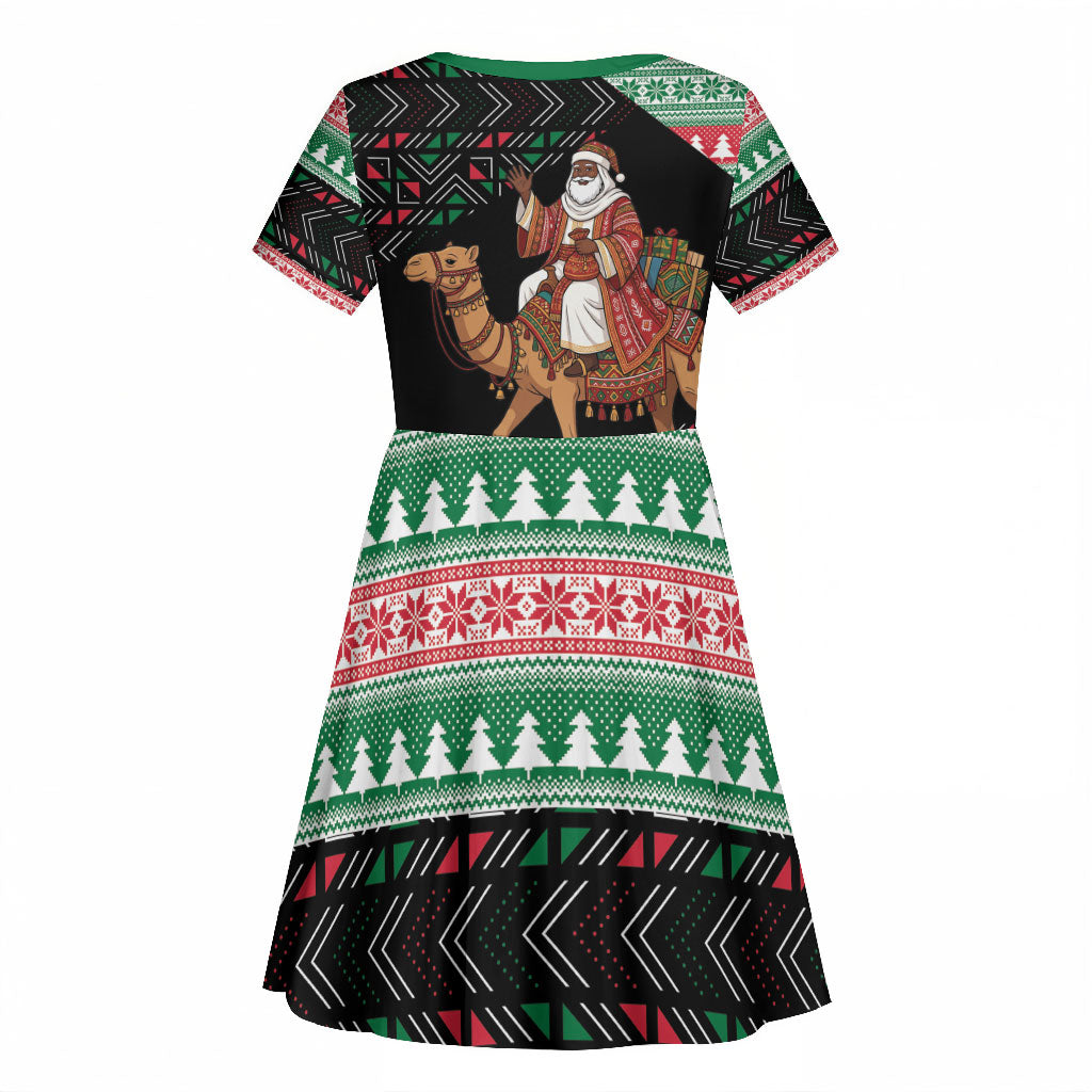 Sudan Christmas Santa Dromedary Camel Kid Short Sleeve Dress Sudanese Tobe Inspired Textile