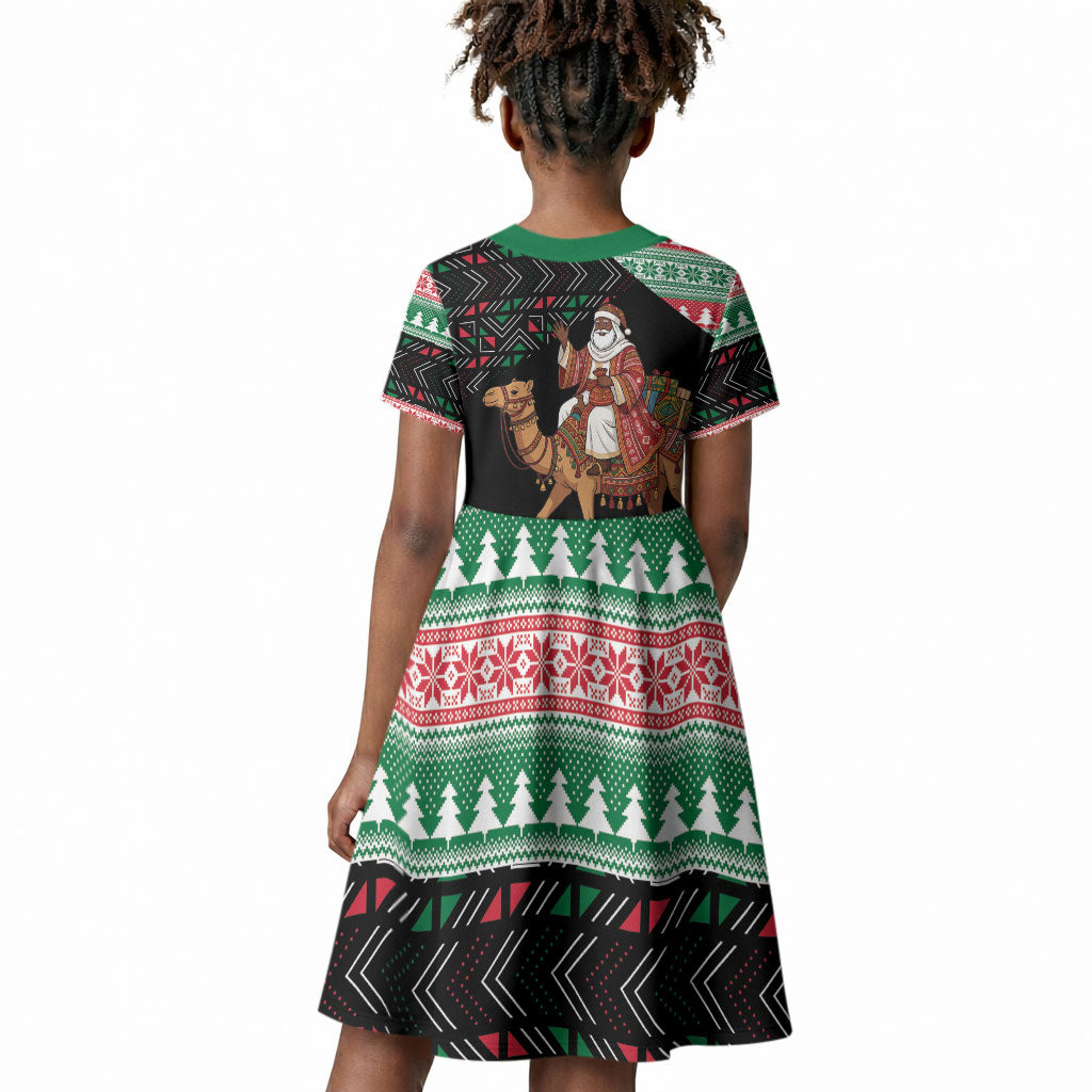 Sudan Christmas Santa Dromedary Camel Kid Short Sleeve Dress Sudanese Tobe Inspired Textile