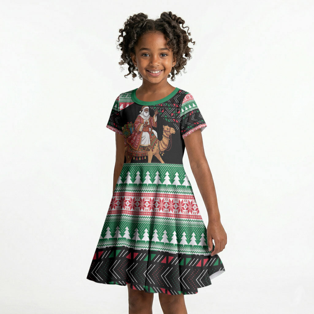 Sudan Christmas Santa Dromedary Camel Kid Short Sleeve Dress Sudanese Tobe Inspired Textile