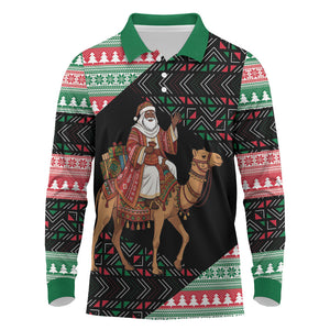 Sudan Christmas Santa Dromedary Camel Long Sleeve Polo Shirt Sudanese Tobe Inspired Textile