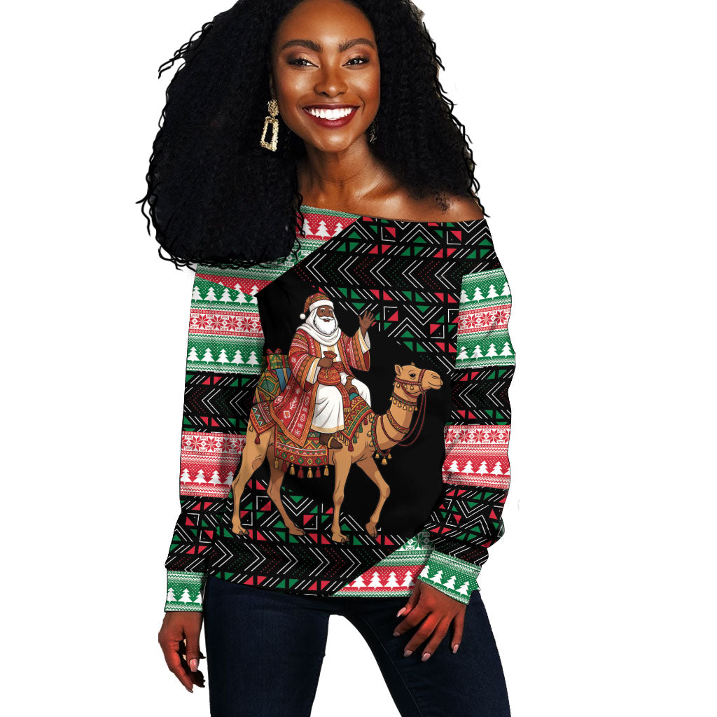 Sudan Christmas Santa Dromedary Camel Off Shoulder Sweater Sudanese Tobe Inspired Textile