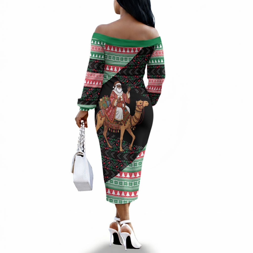 Sudan Christmas Santa Dromedary Camel Off The Shoulder Long Sleeve Dress Sudanese Tobe Inspired Textile