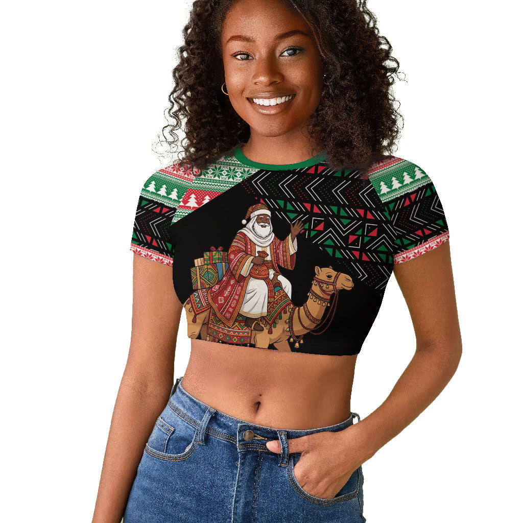 Sudan Christmas Santa Dromedary Camel Raglan Cropped T shirt Sudanese Tobe Inspired Textile