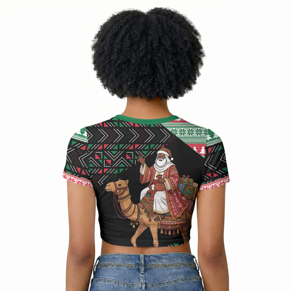 Sudan Christmas Santa Dromedary Camel Raglan Cropped T shirt Sudanese Tobe Inspired Textile