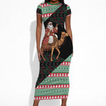 Sudan Christmas Santa Dromedary Camel Short Sleeve Bodycon Dress Sudanese Tobe Inspired Textile