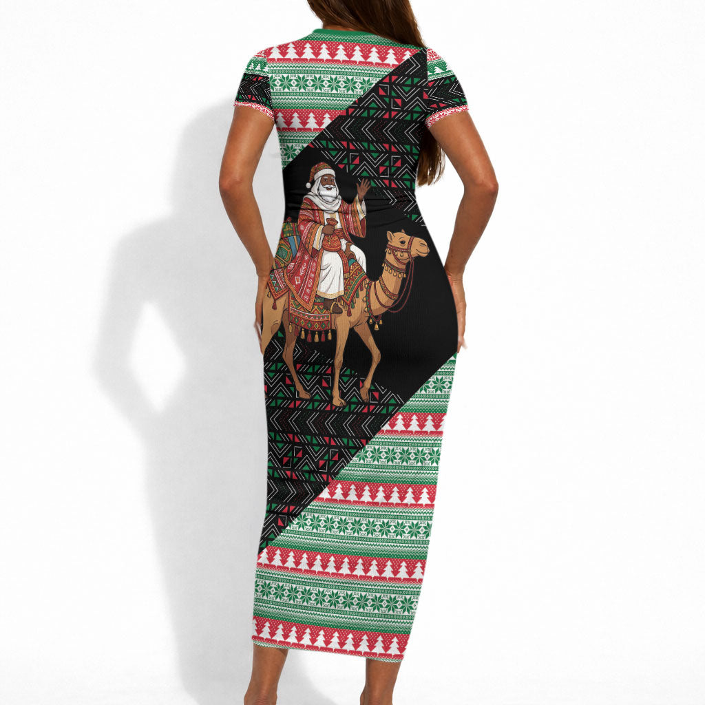 Sudan Christmas Santa Dromedary Camel Short Sleeve Bodycon Dress Sudanese Tobe Inspired Textile
