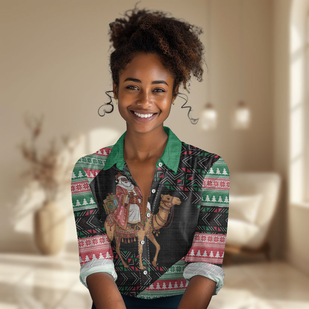 Sudan Christmas Santa Dromedary Camel Women Casual Shirt Sudanese Tobe Inspired Textile