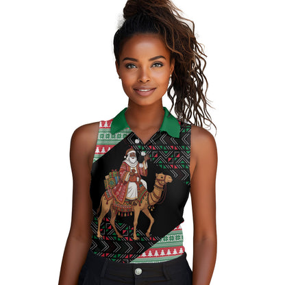 Sudan Christmas Santa Dromedary Camel Women Sleeveless Polo Shirt Sudanese Tobe Inspired Textile