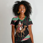Sudan Christmas Santa Dromedary Camel Women V-Neck T-Shirt Sudanese Tobe Inspired Textile