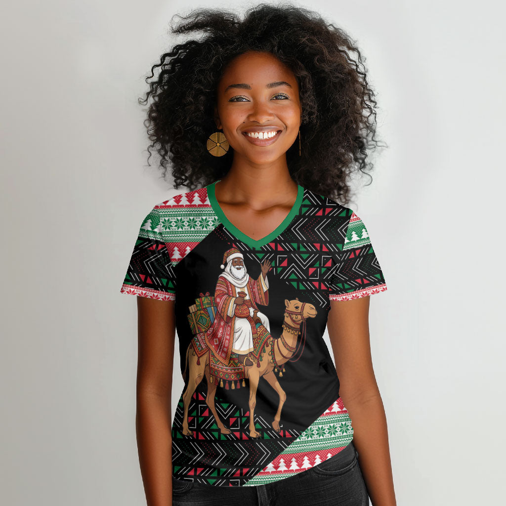 Sudan Christmas Santa Dromedary Camel Women V-Neck T-Shirt Sudanese Tobe Inspired Textile