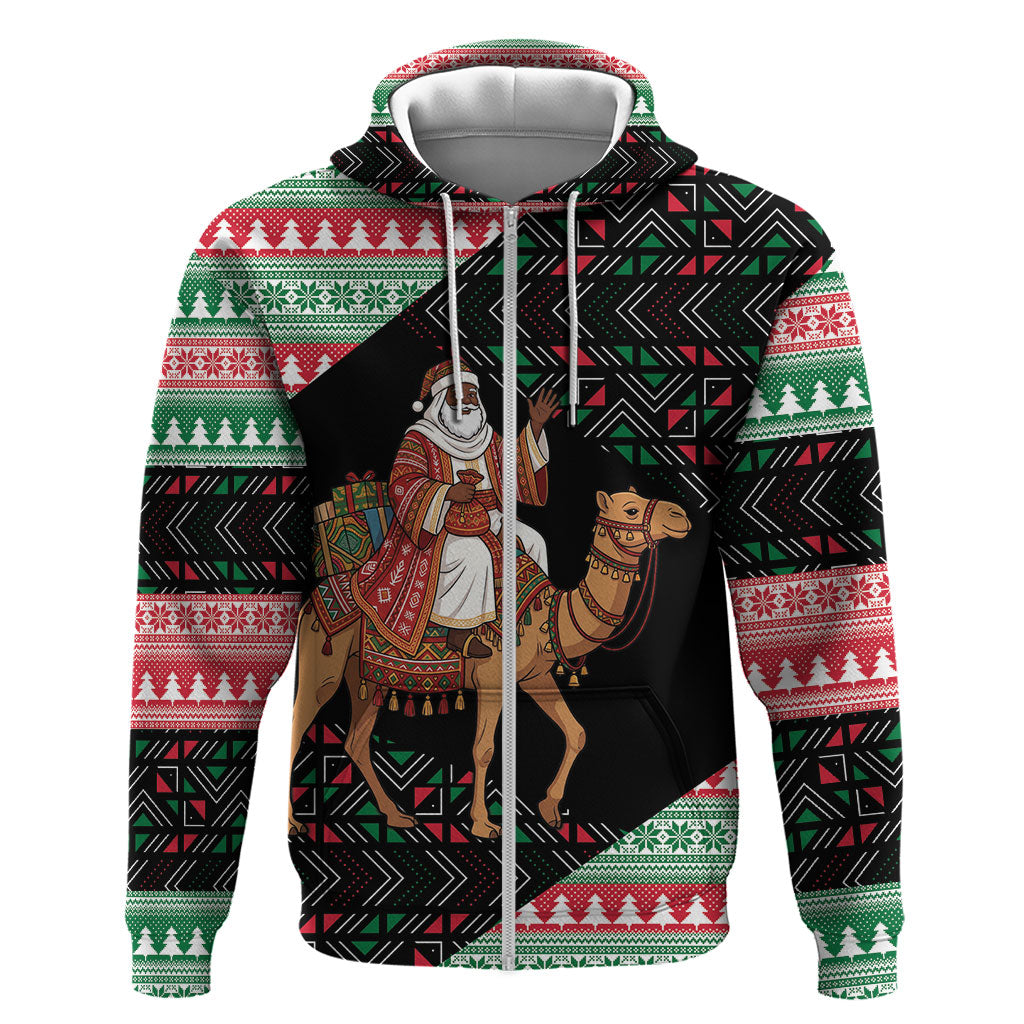 Sudan Christmas Santa Dromedary Camel Zip Hoodie Sudanese Tobe Inspired Textile