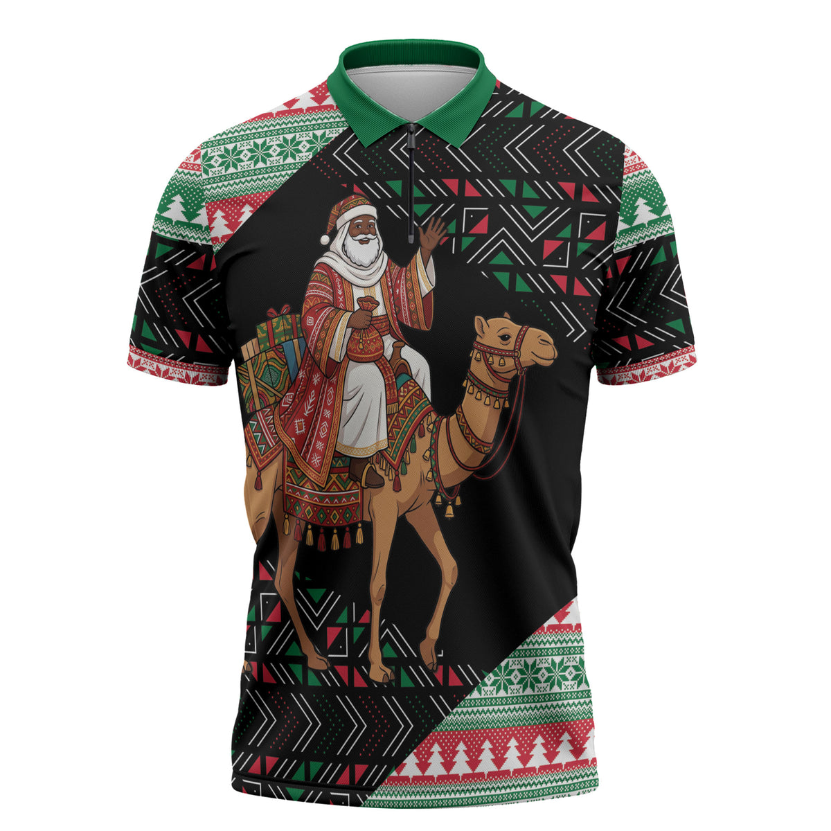 Sudan Christmas Santa Dromedary Camel Zipper Polo Shirt Sudanese Tobe Inspired Textile