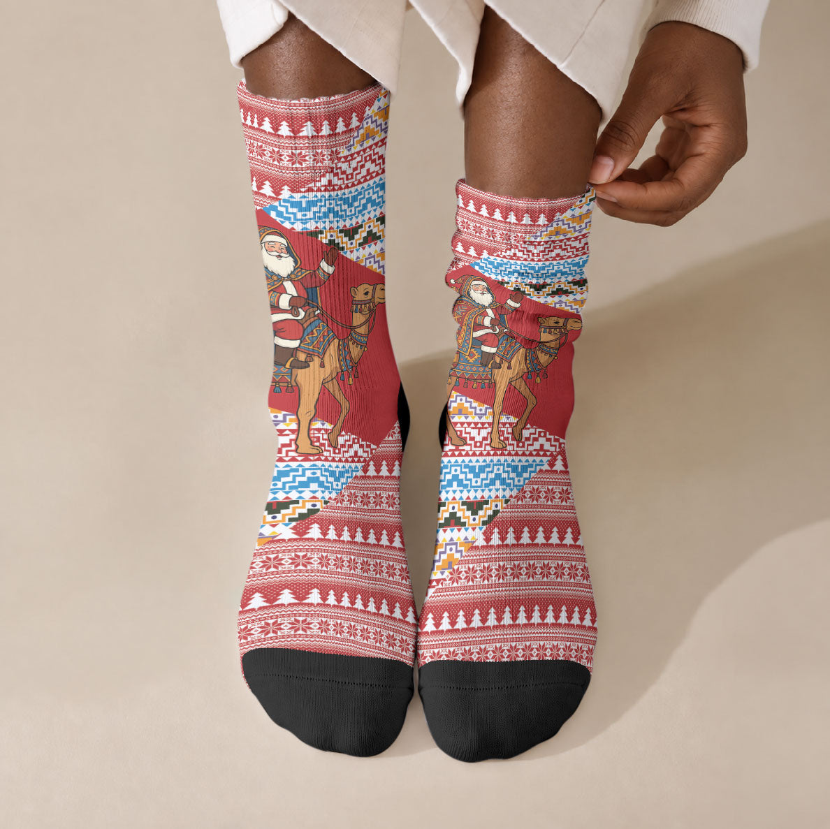 Morocco Christmas Santa Dromedary Camel Crew Socks Berber Amazigh Geometric Motifs