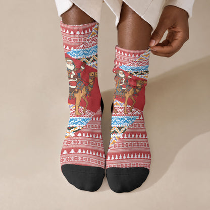 Morocco Christmas Santa Dromedary Camel Crew Socks Berber Amazigh Geometric Motifs