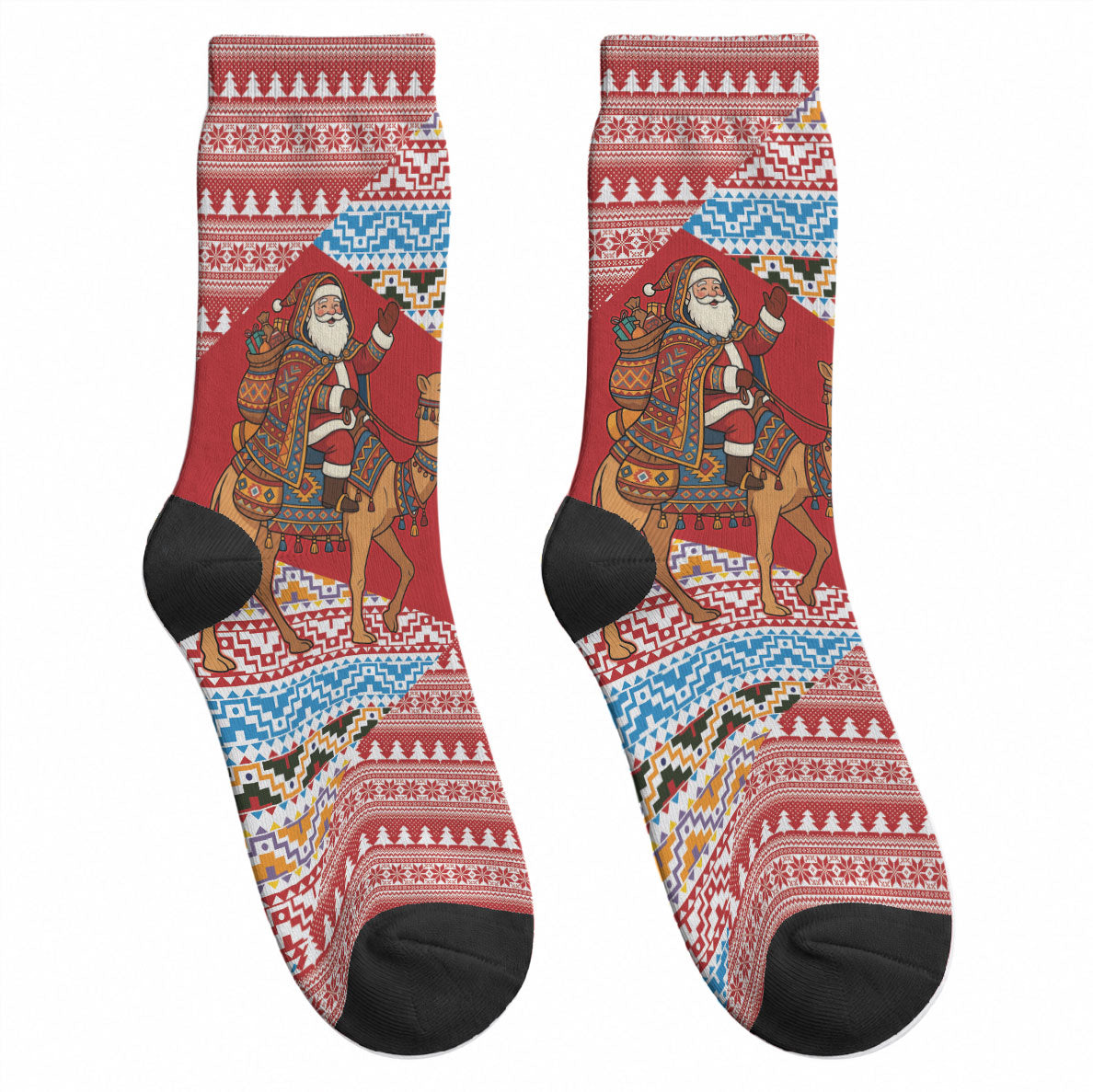 Morocco Christmas Santa Dromedary Camel Crew Socks Berber Amazigh Geometric Motifs