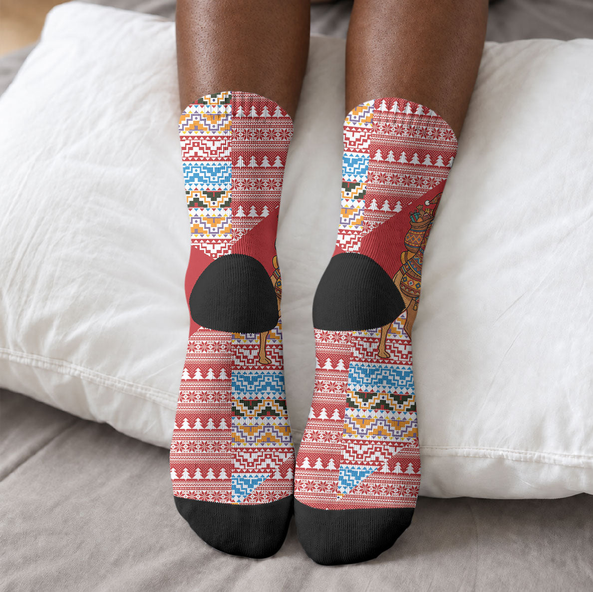 Morocco Christmas Santa Dromedary Camel Crew Socks Berber Amazigh Geometric Motifs