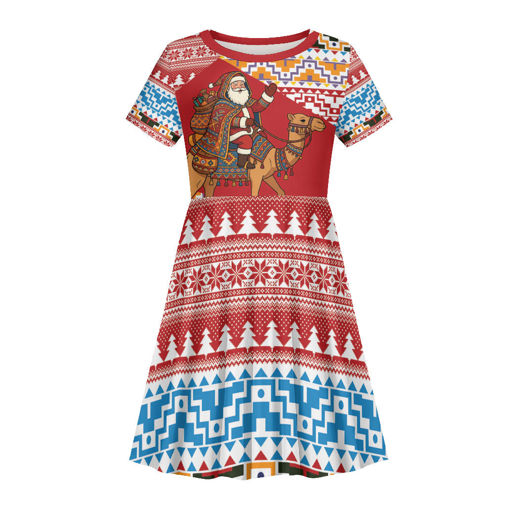 Morocco Christmas Santa Dromedary Camel Kid Short Sleeve Dress Berber Amazigh Geometric Motifs