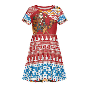 Morocco Christmas Santa Dromedary Camel Kid Short Sleeve Dress Berber Amazigh Geometric Motifs
