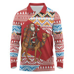 Morocco Christmas Santa Dromedary Camel Long Sleeve Polo Shirt Berber Amazigh Geometric Motifs