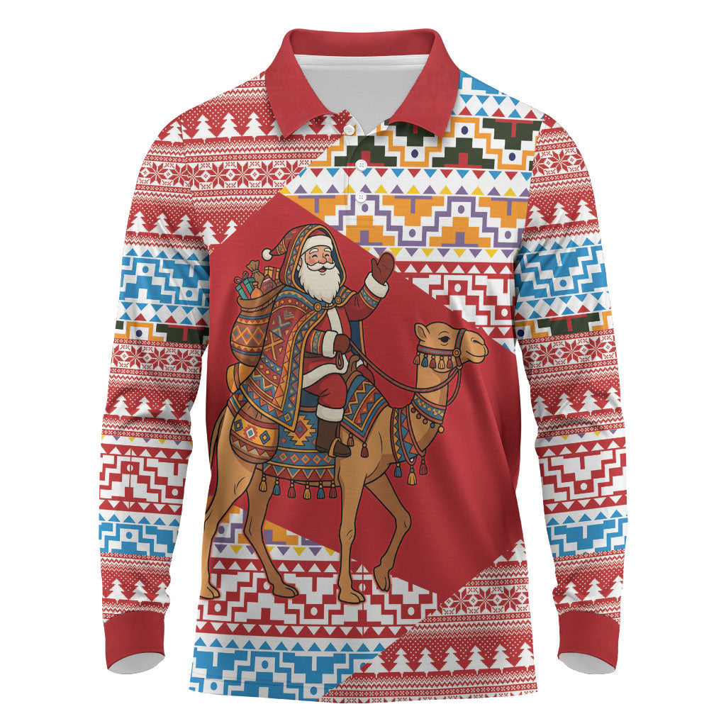 Morocco Christmas Santa Dromedary Camel Long Sleeve Polo Shirt Berber Amazigh Geometric Motifs