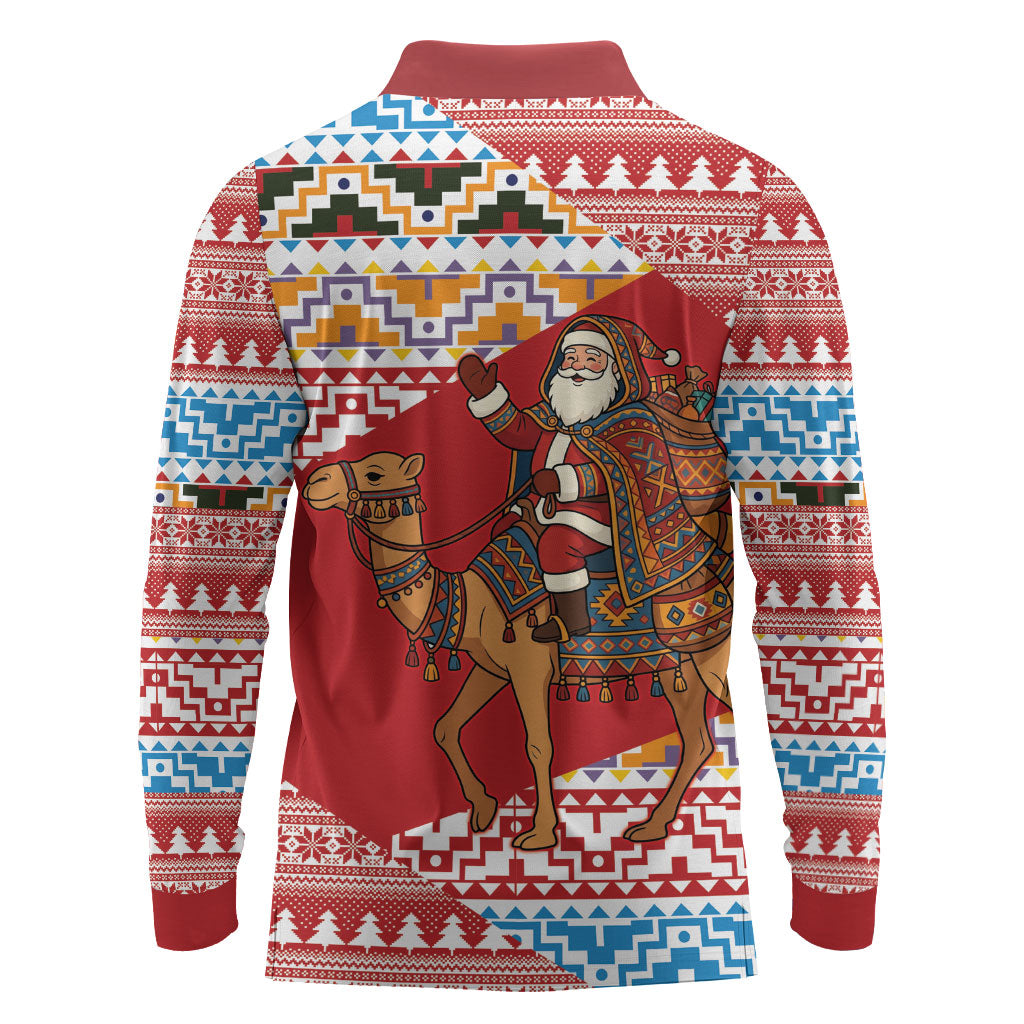 Morocco Christmas Santa Dromedary Camel Long Sleeve Polo Shirt Berber Amazigh Geometric Motifs