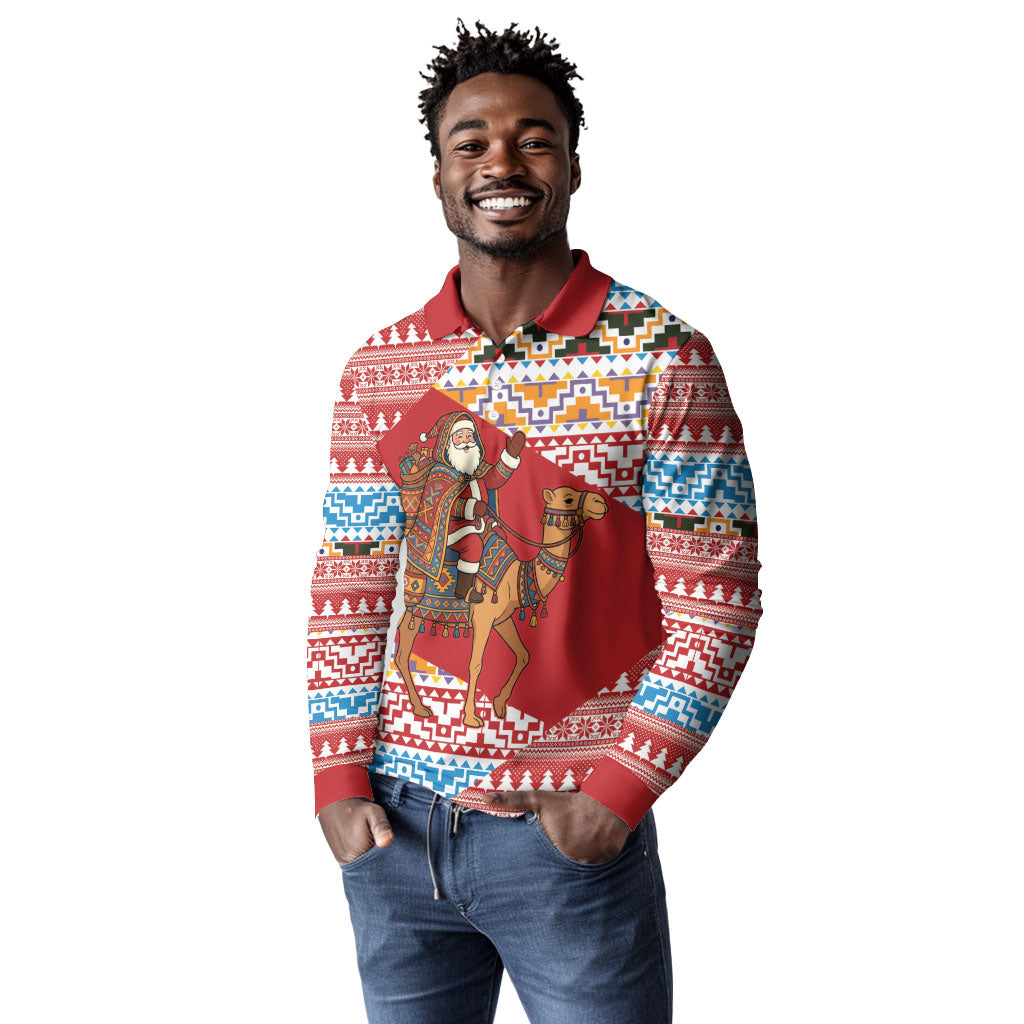 Morocco Christmas Santa Dromedary Camel Long Sleeve Polo Shirt Berber Amazigh Geometric Motifs